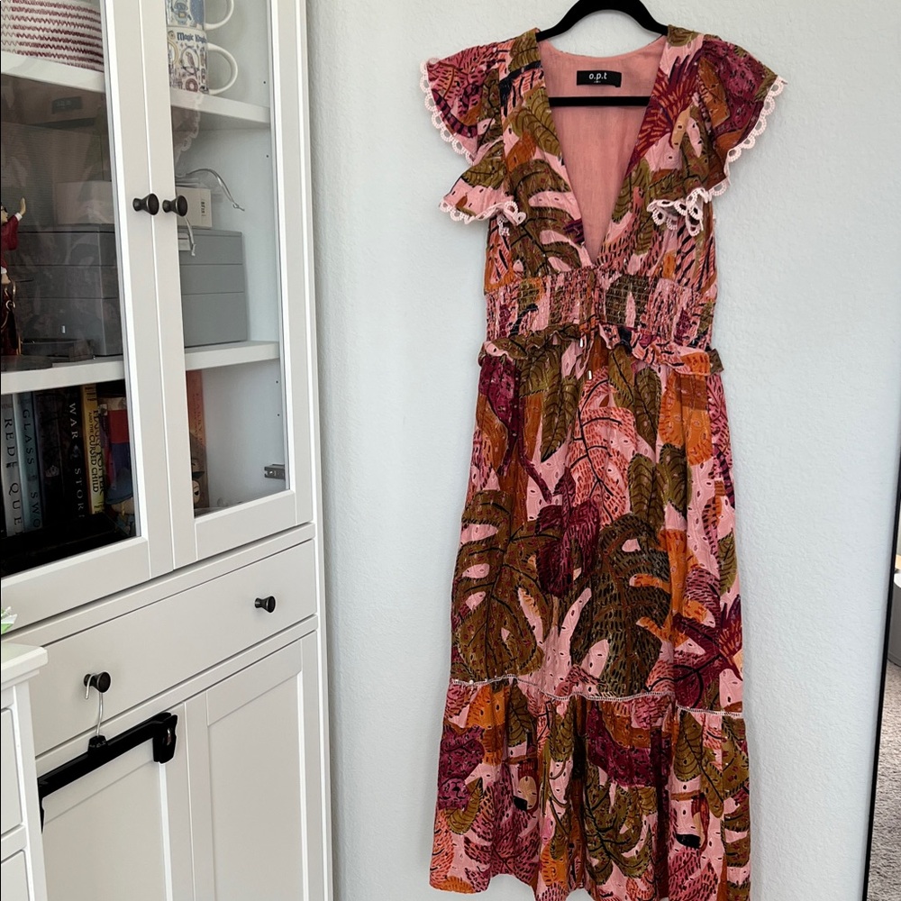 O.p.t Pink Green Tropical Floral Ruffle Sleeve Maxi Dress